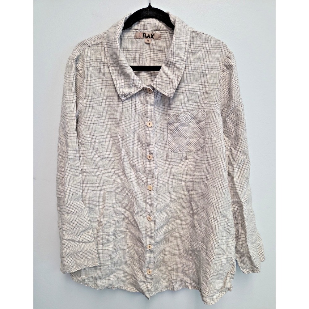 FLAX Women's M Button Front Plaid Linen Shirt Jacket Pockets Tan/Gray Casual